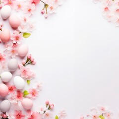 Naklejka na ściany i meble Top view of Easter eggs and springtime flowers over white background. Spring holidays concept, square banner or wallpaper, copy space. for text 