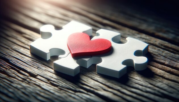 A symbolic representation of love and compatibility, this image features two white jigsaw puzzle pieces on a distressed wooden surface, seamlessly joined to form a vivid red heart. 