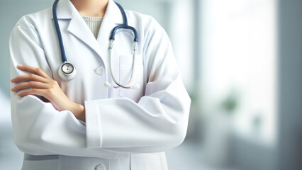 A healthcare professional stands poised in a white lab coat, stethoscope draped around the neck, arms crossed in a stance of assurance. 
