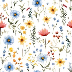 Seamless pattern of watercolor field flowers white background
