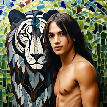 baby with a wolf, Mowgli and Akela