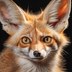Close-up portrait of a fennec fox isolated on a black background.
