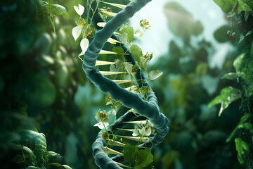 DNA Helix Surrounded by Lush Green Plants - obrazy, fototapety, plakaty