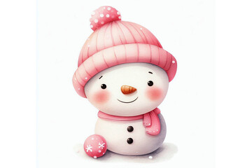 Sweet Snowman Sprout: Watercolor Isolated Clipart of a Pink Baby Snowman for Holiday Delight