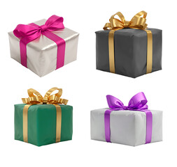a set of colorful gifts wrapped presents with a ribbon bows isolated against a transparent background - png - image compositing footage - alpha channel - birthday, christmas, x-mas