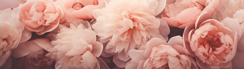 Fototapeta premium The soft pastel palette of a group of peonies, from ballet slipper pink to the palest peach, nestled together in full bloom.