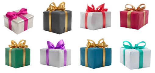 a set of colorful gifts wrapped presents with a ribbon bows isolated against a transparent background - png - image compositing footage - alpha channel - birthday, christmas, x-mas