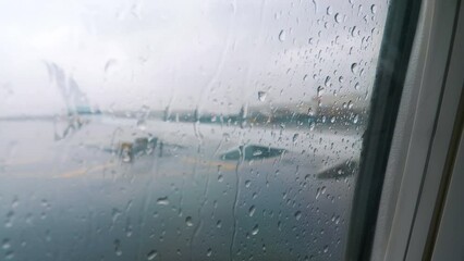Raindrops on Airplane Window During Rainy Weather in 4k slow motion 60fps