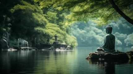 The Buddha statue is thoughtfully placed on the tranquil shore of the lake.