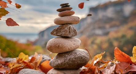 Fototapeta na wymiar Stone tower in autumn, stones Balance, Natural stones under the autumn leafs