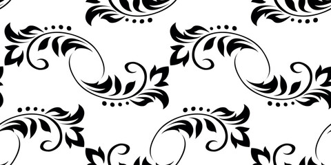 Vintage seamless plant pattern of black stylized leaves, flowers and curls on white background. Retro style. Vector backdrop, texture for victorian wallpapers, wrapping paper, fabric