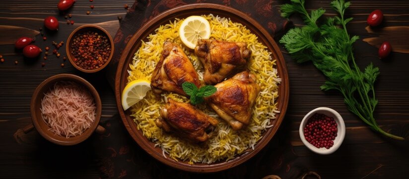 Top view of chicken mandi, a national dish from Saudi Arabia, with rice kabsa.