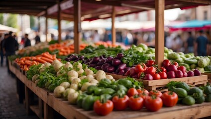 Fototapeta na wymiar fresh vegetables on a wooden stand of a city market