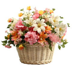 Obraz na płótnie Canvas Fresh attractive flowers in wicker basket isolated on transparent background