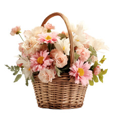 Obraz premium Fresh attractive flowers in wicker basket isolated on transparent background