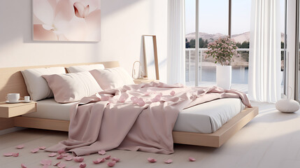 Modern cozy interior design with natural light and organic materials in Valentine's day theme. Pink home decor with heart and love petals. Natural tones and minimalist design