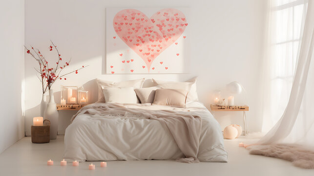 Modern cozy interior design with natural light and organic materials in Valentine's day theme. Pink and white home decor with heart and love representation