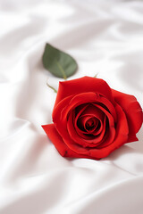 Red rose on white bed sheet as symbol of love and romance on valentine's day and wedding