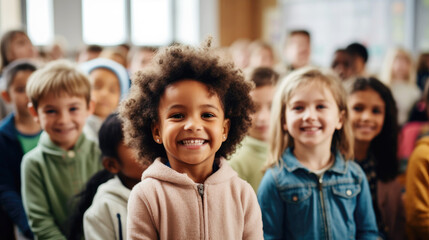 Obraz premium Portrait of cheerful smiling school children standing posing in classroom looking at the camera