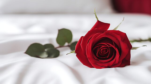 Red rose on white bed sheet as symbol of love and romance on valentine's day and wedding