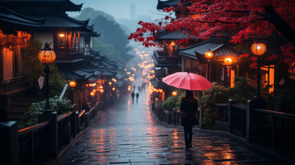 Asian woman in kimono with umbrella in Kyoto.