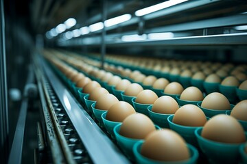 Conveyor belt at a poultry farm transporting chicken eggs with precision