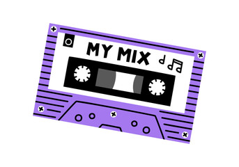 Fototapeta premium Hand drawn cute cartoon illustration of retro music cassette. Flat vector old audio tape sticker in simple colored doodle style. Sound record device icon or print. My mix lettering. Isolated.