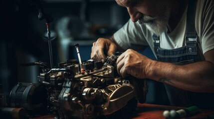 Obraz premium Image of the hands of a mechanic repairs the engine details.