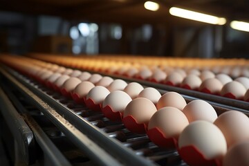 Conveyor belt at a poultry farm transporting chicken eggs with precision