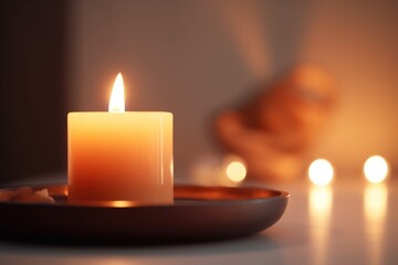 Aromatic candle burns on table in spa procedure salon. Small warm flame creating coziness and relaxing atmosphere in meditation studio. Accessory for aromatherapy treatment and mindfulness