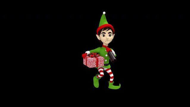 Christmas elf dancing with gift box and bottle of booze - 3d render looped with alpha channel. 