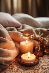 Fototapeta na wymiar Aromatic candle burns on table in spa procedure salon. Small warm flame creating coziness and relaxing atmosphere in meditation studio. Accessory for aromatherapy treatment and mindfulness