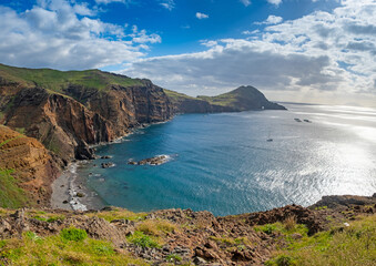 Ponta de Sao Lourenco Madeira Portugal. Scenic mountain view of green landscape, cliffs and Atlantic Ocean. Hiking active day, travel background