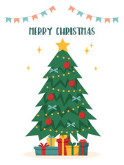 Christmas tree decorated with ornaments. Christmas gift boxes.	
