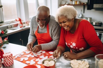 Joyful senior African-American couple cooks Christmas dinner at home. Happy black wife and husband...