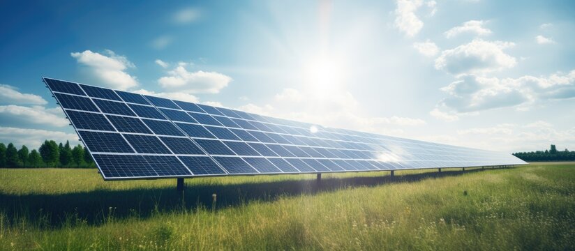 Sunlit summer day with big solar panels in an open field.