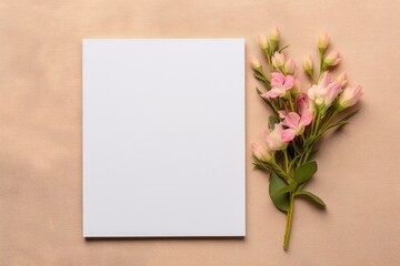 Minimal empty paper card mock up with pink flowers.
