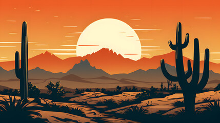 Sunset in Arizona Desert with Cacti Silhouette Vector Illustration - obrazy, fototapety, plakaty