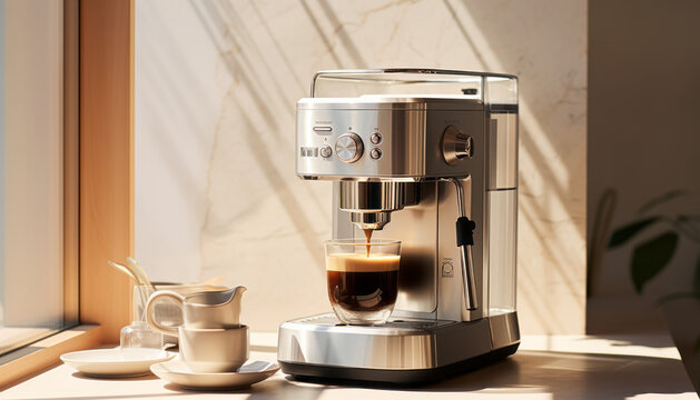 Espresso machine in a kitchen setting with a white cup generative ai