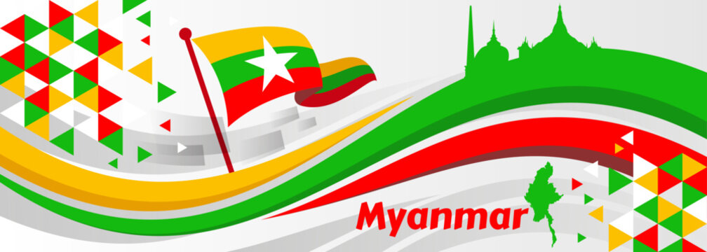Republic of Myanmar flag and text in circle, Republic of the Union of Myanmar Independence Day. White background. Vector, illustration

