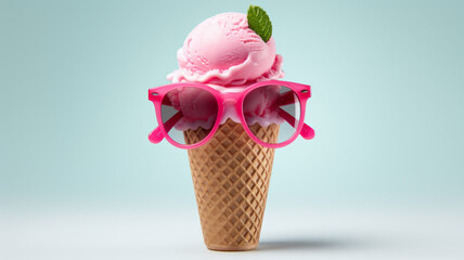 ice-cream wearing sun glasses, isolated background, summer generative ai