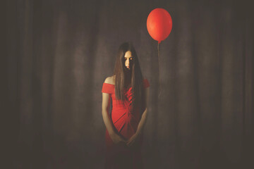 surreal woman dressed elegantly in red with a red balloon flying next to her