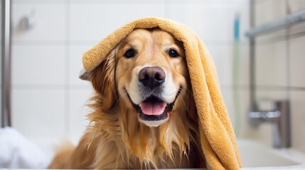 Happy Golden retriever lies under soft terry plaid at home closeup. Smiling friendly dog rests after bathing on bed with warm blanket. Adorable purebred canine pet with long hair wrapped with towel