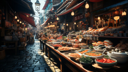 Diverse gourmet market offers sashimi, duck, catfish, and more generative ai