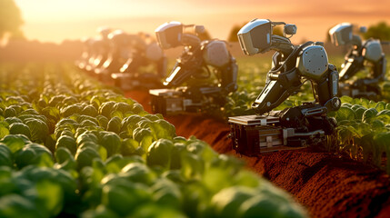 Cute little robot working in an agricultural field, picking fruits and vegetables plant product, farmers humanoid planting and caring for green plants. Mechanical gardener farming. Future Technology - obrazy, fototapety, plakaty