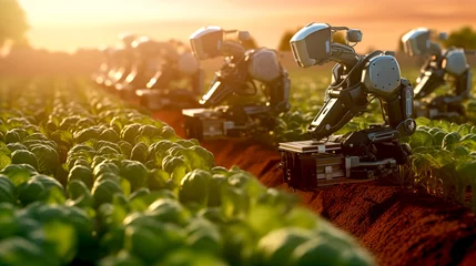 Fotobehang Cute little robot working in an agricultural field, picking fruits and vegetables plant product, farmers humanoid planting and caring for green plants. Mechanical gardener farming. Future Technology © Manee