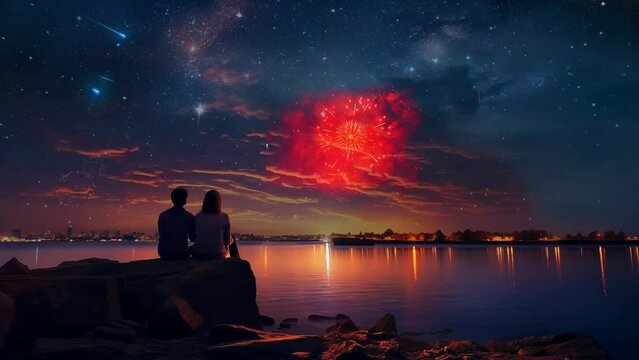 Couple romantic celebrate happy new year with firework animation falling in love look a beautiful view background. seamless looping 4k video. generated with AI