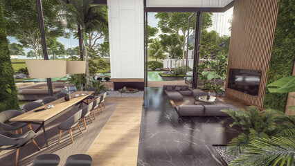 3d rendering of expensive cozy interior with green walls with living dining zone stair and kitchen for sale or rent. Spacious apartments with expensive furniture, equipment and flowers