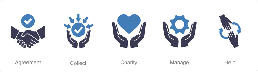 A set of 5 Hands icons as agreement, collect, charity