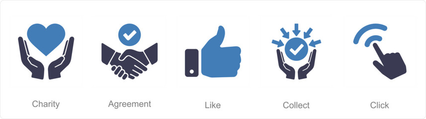 A set of 5 Hands icons as charity, agreement, like